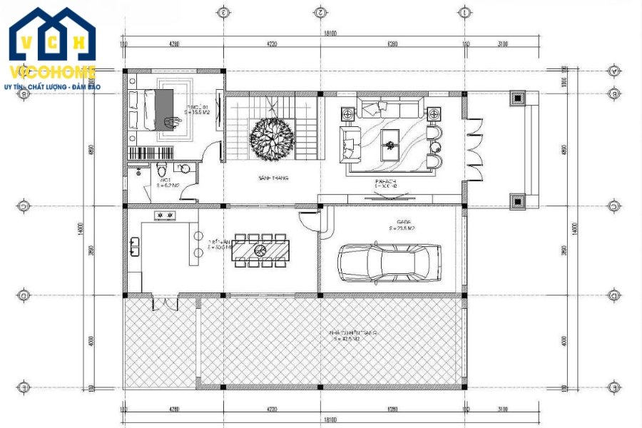 Bản vẽ thiết kế nhà 2 tầng mái Nhật 8x12m tầng 1